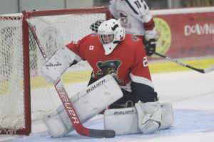 Nolan Lane picked up 38 saves Saturday on the way to his 3rd win of the season. For his efforts so far, he has been named to the PJHL Eastern Conference Prospects team for a game December 11 in Orillia. (Photo: Shawna Adams)