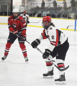 Noah Brant keeps tabs on the developing play in Campbellford. He would go on to register a goal and two assists against the Rebels on Saturday. (Photo: Gazette Staff)