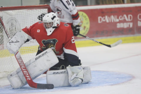 Nolan Lane keeps his eye on the action earlier this year. Lane turned in 30 saves Thursday night for his first junior shutout. (Photo: Shawna Adams)