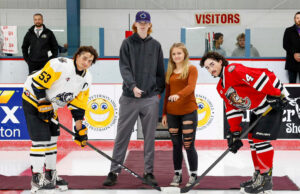 Frankford captain Carter Musclow is joined by new Picton Pirate Parker Mattis for the ceremonial faceoff.