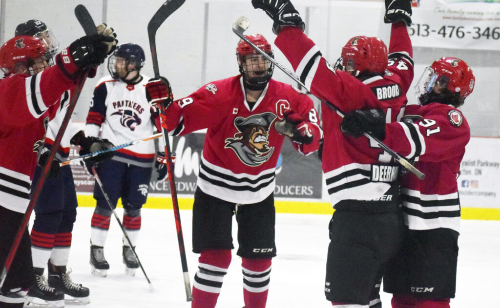 (From left) Picton’s Ian Harrison, Landon McLellan and Ross Maycock celebrate (centre) Zack Brooks' second period goal Thursday night. (Photo: Gazette Staff)