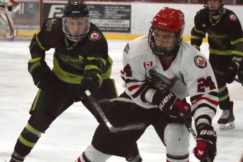 Picton’s Cole Lavender leads the charge into the Trent Hills zone Thursday night. (Jason Parks/Gazette Staff)